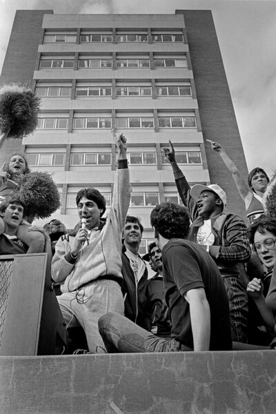 Jim Valvano addresses the crowd to celebrate the 1983 NC State Men’s Basketball Team championship